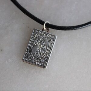 Tarot Card Necklace 18 - 20 Inch Black Cord w/ Silver Tone The World Tarot Card